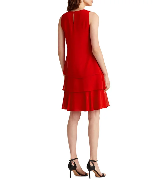 Lauren Ralph Lauren Georgette Layered Hem Sleeveless Shift Dress, Womens, 10, Red