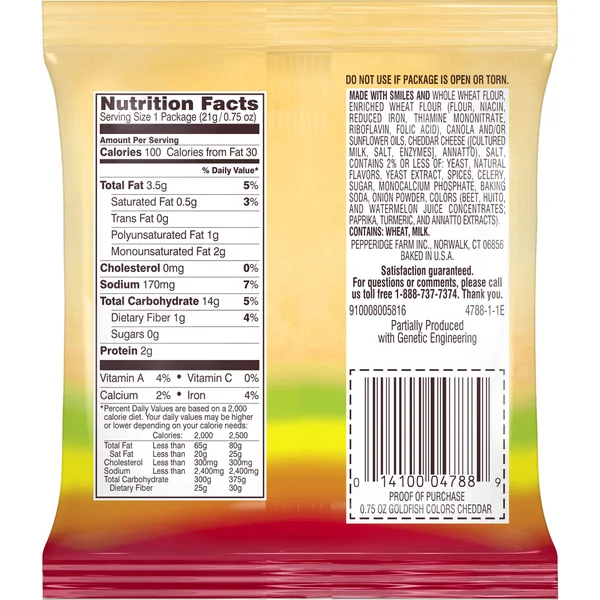 Pepperidge Farm Goldfish Baked With Whole Grain Colors Cheddar Baked Snack Crackers 0.75 Oz. Bag