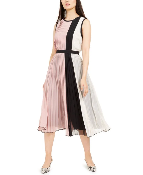 Alfani Colorblocked Pleated Sleeveless Dress, Created for Macy's - Pottery Clay
