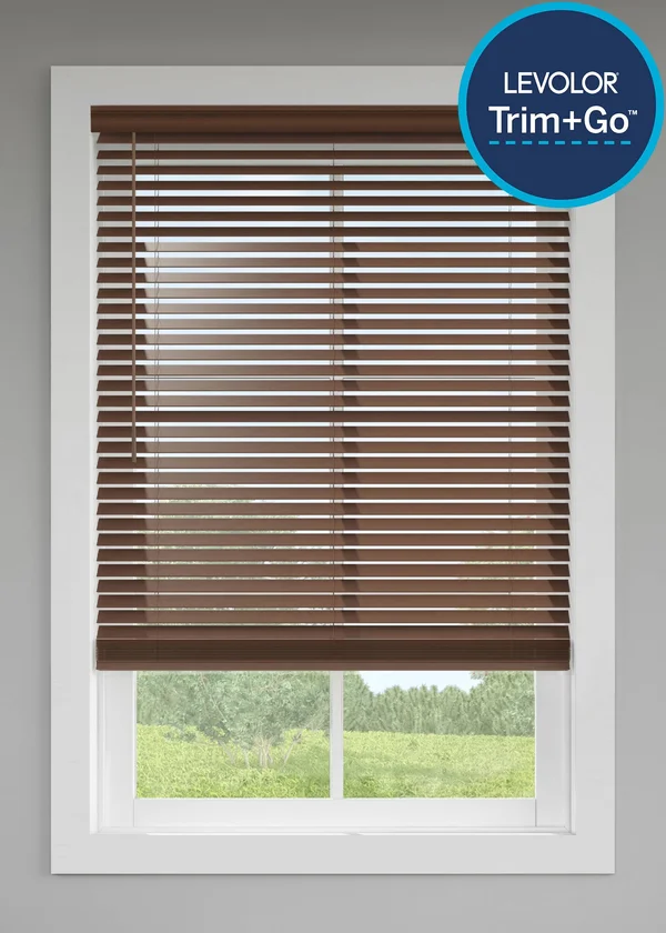 LEVOLOR Trim+Go 2-in Slat Width 67-in x 64-in Cordless Walnut Faux Wood Room Darkening Full-view Standard Horizontal Blinds in B
