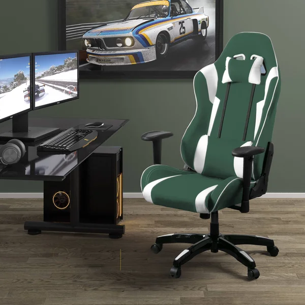 Porch & den Banton Bonded Leather - Fabric, and Mesh High-Back Ergonomic Gaming Chair - White/Blue