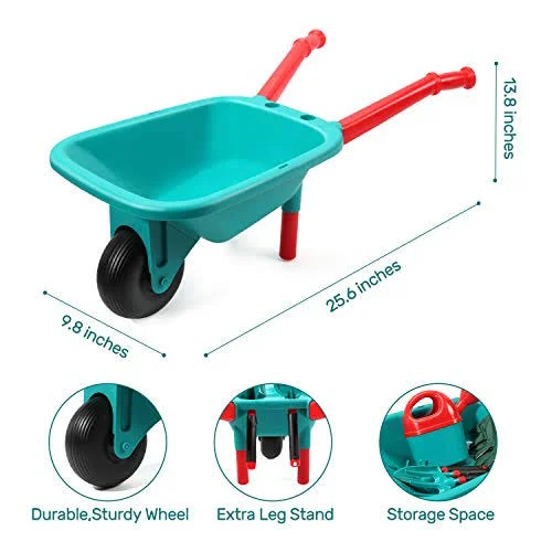 Cute Stone Kids Gardening Tool Set, Garden Toys with Wheelbarrow, Watering Can, Gardening Gloves, Hand Rake, Shovel, Trowel, Dou