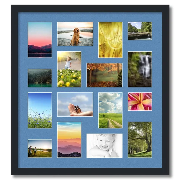 Collage Picture Frame, Satin Black Frame with 16 openings for 4x6 Photos with Liberty Blue Mat. D3926FG187, ArtToFrames