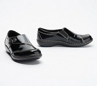 Clarks Collection Leather Slip-On Shoes -Ashland Lane, Size 12 Narrow, Black Patent
