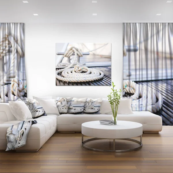 Designart &White Nautical Mooring Rope& Modern Landscape Canvas Art - White - 40 in. Wide x 30 in. High