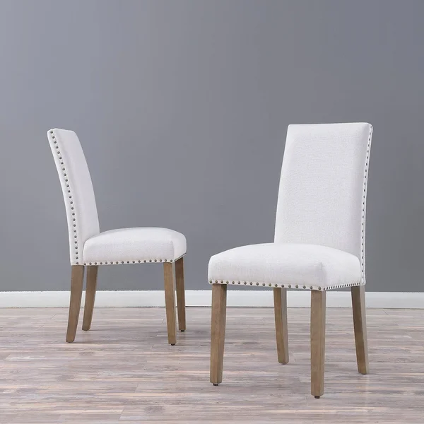 BELLEZE Set of (2) Dining Chairs Linen Armless Nailhead Trim Accent Elegant Side Chair Wooden Leg - Beige