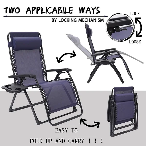 Outdoor Garden Patio Folding Lounge Chair with Pillow and Cup Holder - Navy Blue
