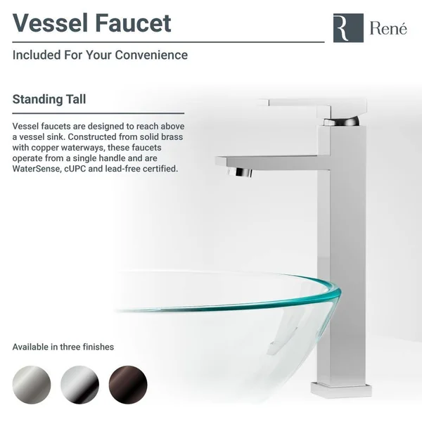 Rene R5-5034-R9-7003-C Foil Undertone Glass Vessel Sink with Chrome Vessel Faucet - Sink Ring, and Vessel Pop-Up Drain