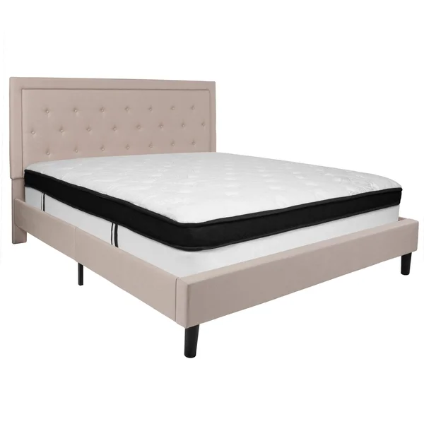 Roxbury Twin Size Tufted Upholstered Platform Bed in Beige Fabric with Memory Foam Mattress