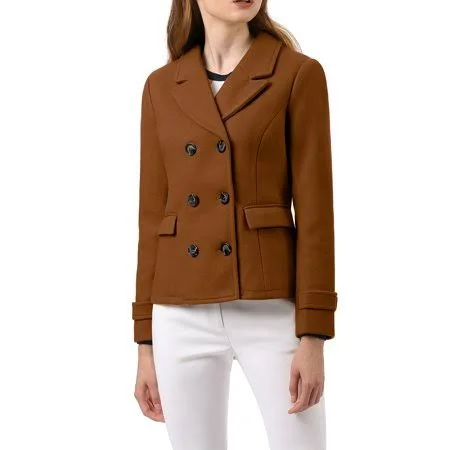 Allegra K Women's Winter Coats Worsted Double Breasted Coat, Size: Small, Brown