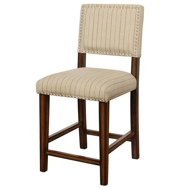 Benjara Nailhead Trim Fabric Upholstered Wooden Counter Stool, Beige and Brown - Beige and Brown - 39.5 H x 22 W x 19 L Inches