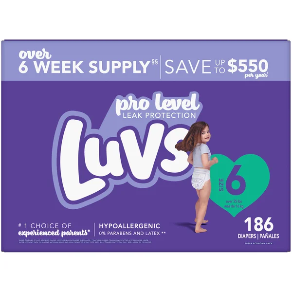 Luvs Diapers, Size 6 (Over 35 lbs), Pro Level Leak Protection - 186 diapers