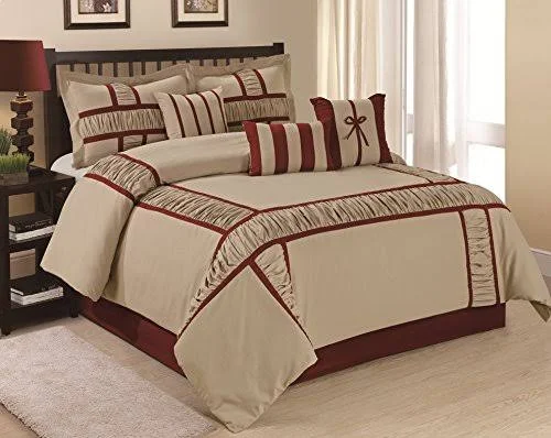 Hig 7 Piece Comforter Set Queen- Taupe Microfiber Ruffle and Patchwork-MARMA Bed in A Bag Queen Size-Hypoallergenic, Fade Resista