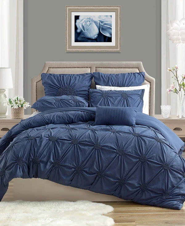 Cathay Swift Home Elegant Ruched Duvet Cover Set Full/Queen Indigo