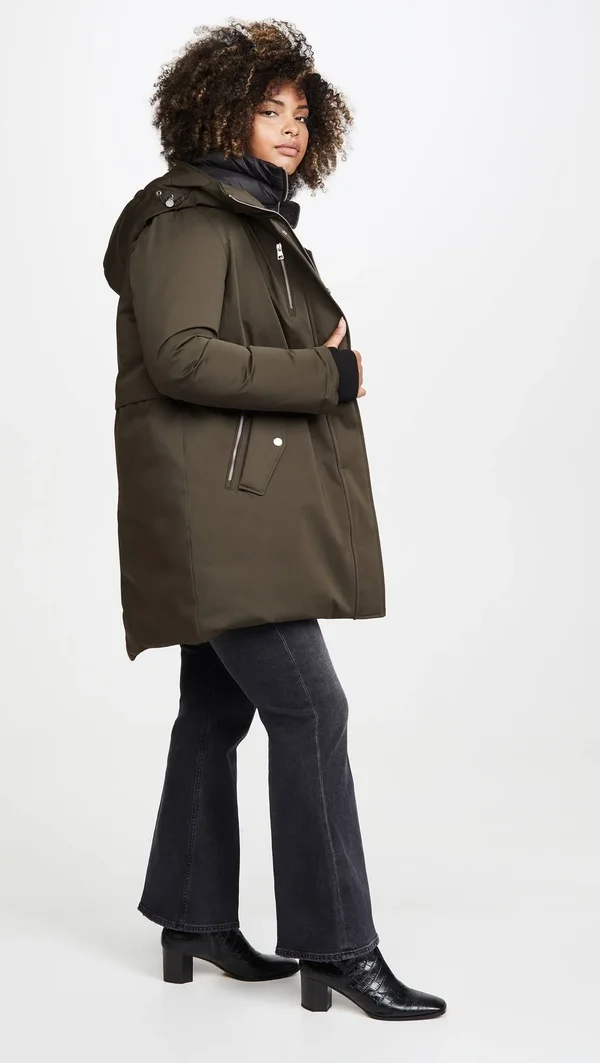 Soiau0026Kyo Belina Mid-Length Classic Down Coat with Puffy Bib - L - Army