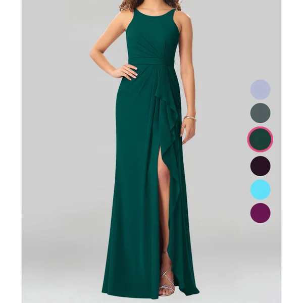 Azazie Sheath/Column Scoop Floor-Length Chiffon Bridesmaid Dresses - Pine