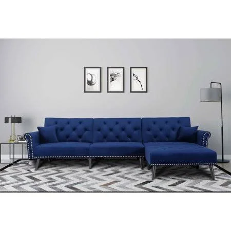 Convertible Sectional Sofa Bed, Modern Velvet Upholstered Sofa with Extra Wide Chaise Lounge, Reversible Sectional Sofa Sleeper wi