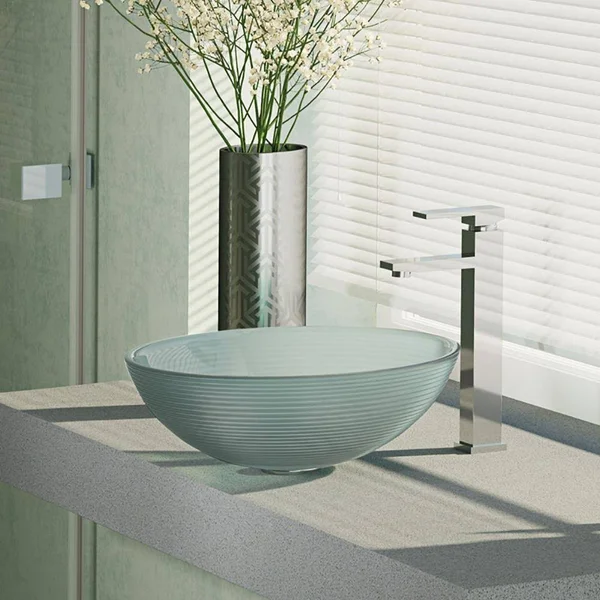 Rene R5-5034-R9-7003-C Foil Undertone Glass Vessel Sink with Chrome Vessel Faucet - Sink Ring, and Vessel Pop-Up Drain