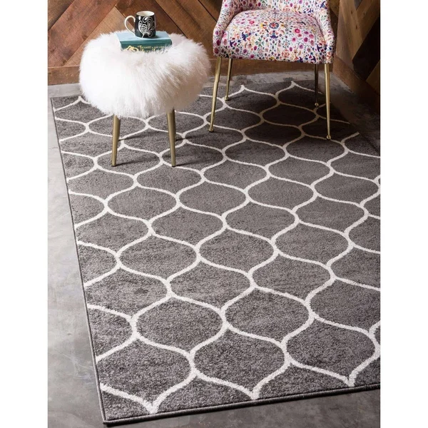 6&x9& Rounded Trellis Frieze Rug Dark Gray/Ivory - Unique Loom