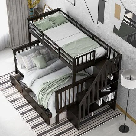 Clearance Stairway Twin-Over-Full Bunk Bed with Drawers Storage Shelf and Guard Rail for Boys Girls Kids Adults - Espresso, Brown