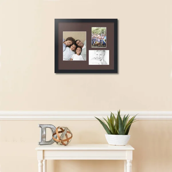 Collage Picture Frame - Satin Black Frame with 3 openings for 8x10 Photos with Brown Peat Mat. D3926DN225, ArtToFrames