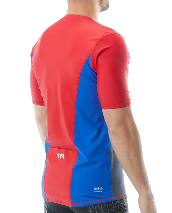 TYR Tsscom6a Men's Competitor Short Sleeve Top - Red/Blue/Grey - M