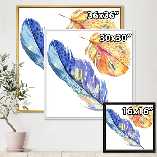 Designart &Colorful Blue Bird Feather from Wing& Bohemian & Eclectic Framed Canvas Wall Art Print - 30 in. Wide x 30 in. Hig