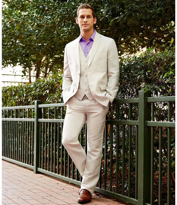 Perry Ellis Men's Linen Herringbone Vest - Natural Linen