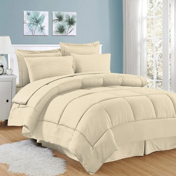 Soft Dobby 8-Piece Striped Down Alternative Bed-in-a-Bag Set w/ Sheets - White - Queen