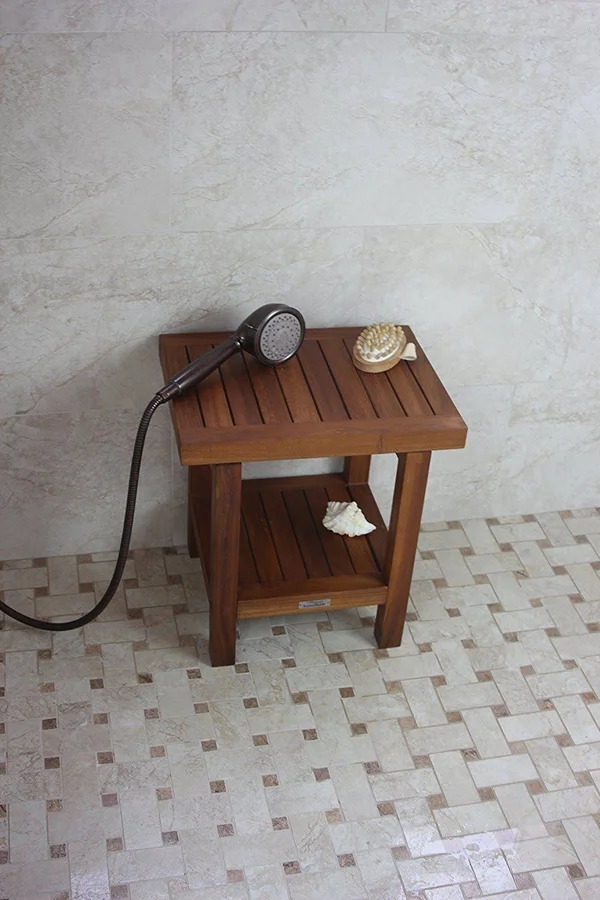 AquaTeak The Original 18x22 Spa Teak Shower Bench with Shelf, 18" x 13" x 18"