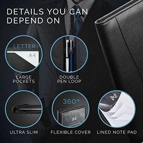 Nero MANETTI- Leather Portfolio Folder - Business PU Leather Portfolio Notepad Holder for Resumes - Legal Pad Portfolio Executive